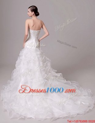 Cheap Court Train Column/Sheath Wedding Gown White Strapless Organza Sleeveless With Train Lace Up