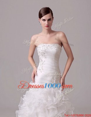 Cheap Court Train Column/Sheath Wedding Gown White Strapless Organza Sleeveless With Train Lace Up