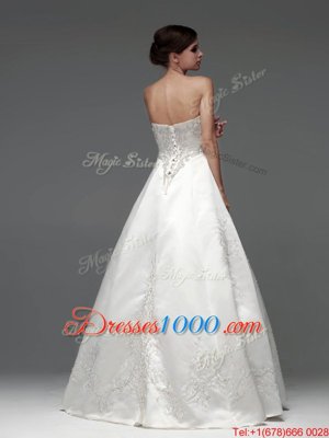Fitting Sleeveless Floor Length Embroidery Lace Up Wedding Dress with White