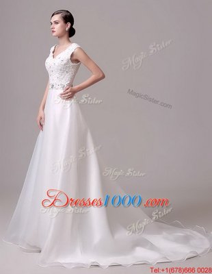 Sleeveless Brush Train Beading and Sashes|ribbons Clasp Handle Wedding Dress