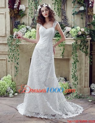 Fancy White Sleeveless Brush Train Lace and Appliques Wedding Gown