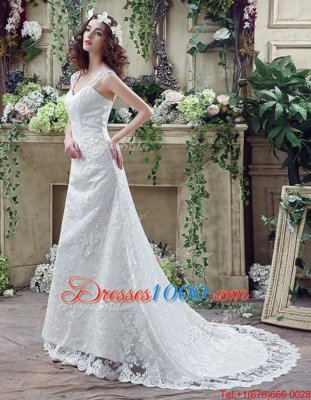 Fancy White Sleeveless Brush Train Lace and Appliques Wedding Gown