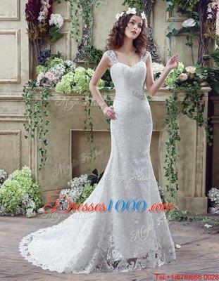 Fancy White Sleeveless Brush Train Lace and Appliques Wedding Gown