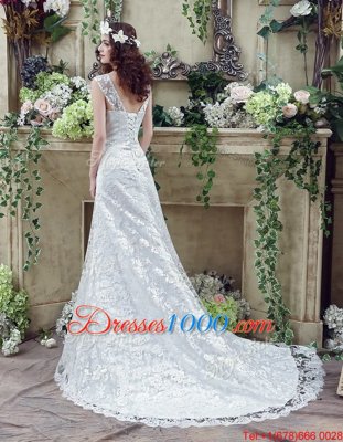 Fancy White Sleeveless Brush Train Lace and Appliques Wedding Gown