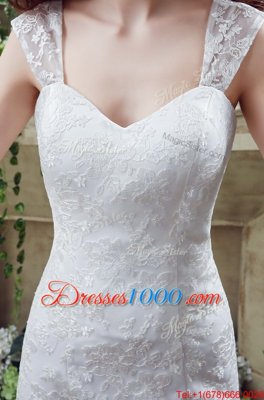 Fancy White Sleeveless Brush Train Lace and Appliques Wedding Gown