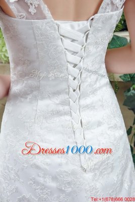 Fancy White Sleeveless Brush Train Lace and Appliques Wedding Gown