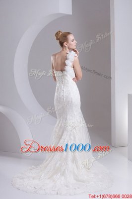 Elegant Mermaid White One Shoulder Neckline Lace and Appliques Wedding Dress Sleeveless Zipper