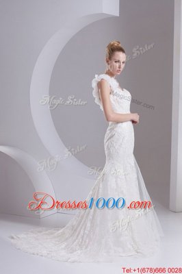 Elegant Mermaid White One Shoulder Neckline Lace and Appliques Wedding Dress Sleeveless Zipper