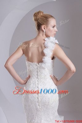 Elegant Mermaid White One Shoulder Neckline Lace and Appliques Wedding Dress Sleeveless Zipper