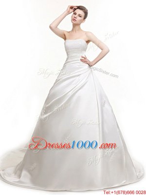 White Sleeveless Court Train Ruching With Train Wedding Gowns