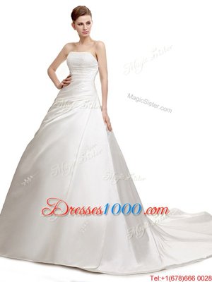 White Sleeveless Court Train Ruching With Train Wedding Gowns
