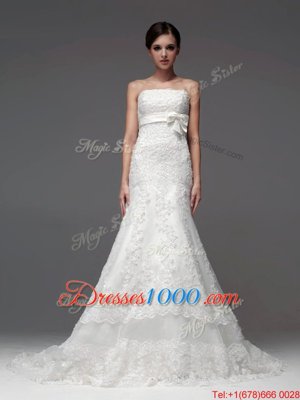 Custom Fit White Sleeveless Lace Brush Train Lace Up Wedding Gowns for Wedding Party