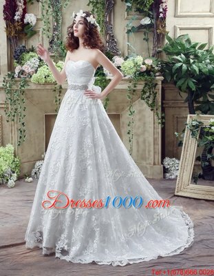 Sweetheart Sleeveless Court Train Lace Up Wedding Dresses White Tulle