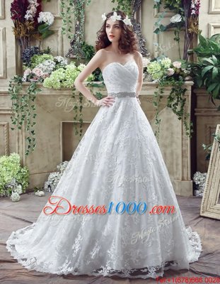 Sweetheart Sleeveless Court Train Lace Up Wedding Dresses White Tulle