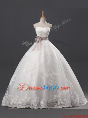 Ideal Sequins Floor Length Lace Up Wedding Gown White and In for Wedding Party with Lace and Appliques and Ruching and Belt