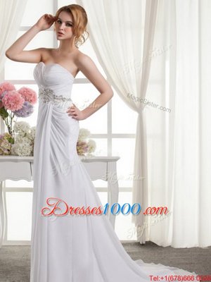 Fashionable White A-line Sweetheart Sleeveless Chiffon Sweep Train Lace Up Beading and Ruching Wedding Dresses