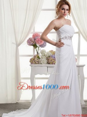 Fashionable White A-line Sweetheart Sleeveless Chiffon Sweep Train Lace Up Beading and Ruching Wedding Dresses