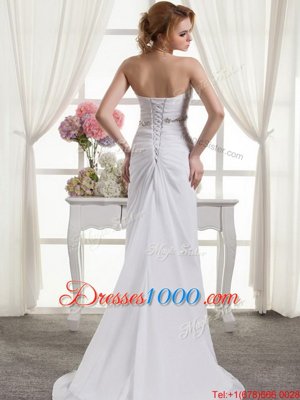 Fashionable White A-line Sweetheart Sleeveless Chiffon Sweep Train Lace Up Beading and Ruching Wedding Dresses