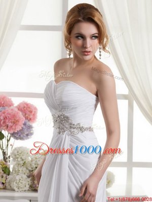 Fashionable White A-line Sweetheart Sleeveless Chiffon Sweep Train Lace Up Beading and Ruching Wedding Dresses