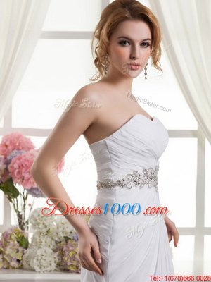 Fashionable White A-line Sweetheart Sleeveless Chiffon Sweep Train Lace Up Beading and Ruching Wedding Dresses