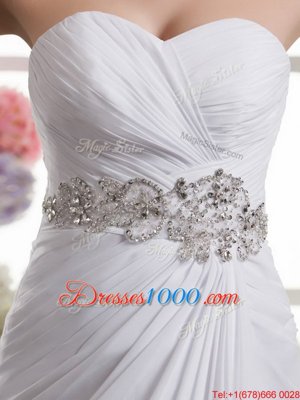 Fashionable White A-line Sweetheart Sleeveless Chiffon Sweep Train Lace Up Beading and Ruching Wedding Dresses