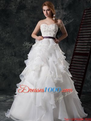 White A-line Sweetheart Sleeveless Organza Brush Train Zipper Ruffled Layers Wedding Gown