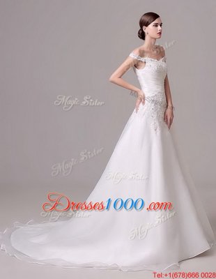 Deluxe Off the Shoulder White Sleeveless Court Train Beading and Appliques and Ruching Wedding Dresses