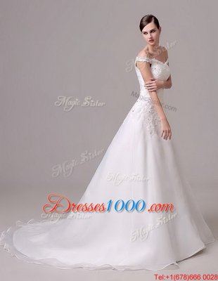 Deluxe Off the Shoulder White Sleeveless Court Train Beading and Appliques and Ruching Wedding Dresses