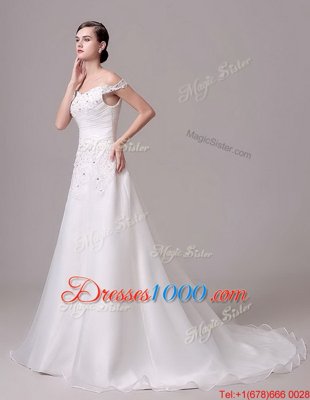 Deluxe Off the Shoulder White Sleeveless Court Train Beading and Appliques and Ruching Wedding Dresses