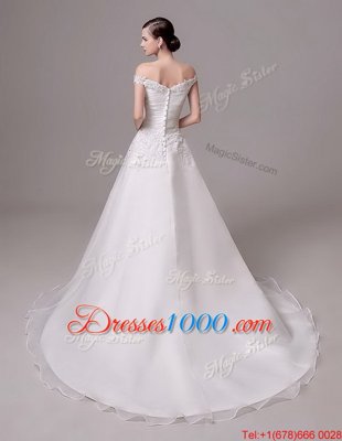 Deluxe Off the Shoulder White Sleeveless Court Train Beading and Appliques and Ruching Wedding Dresses