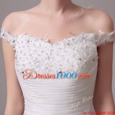 Deluxe Off the Shoulder White Sleeveless Court Train Beading and Appliques and Ruching Wedding Dresses