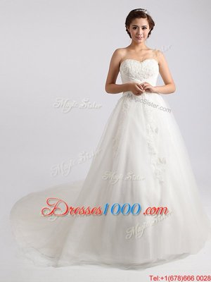Charming Tulle Sleeveless With Train Wedding Dresses Court Train and Beading and Appliques