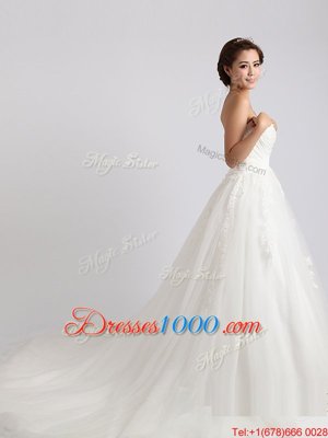 Charming Tulle Sleeveless With Train Wedding Dresses Court Train and Beading and Appliques