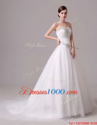 Sweet With Train Lace Up Bridal Gown White and In for Wedding Party with Beading and Hand Made Flower Brush Train