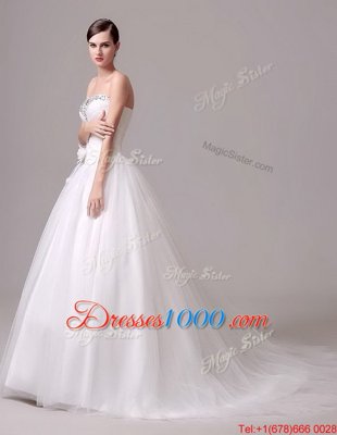 Sweet With Train Lace Up Bridal Gown White and In for Wedding Party with Beading and Hand Made Flower Brush Train