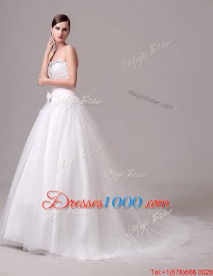 Sweet With Train Lace Up Bridal Gown White and In for Wedding Party with Beading and Hand Made Flower Brush Train