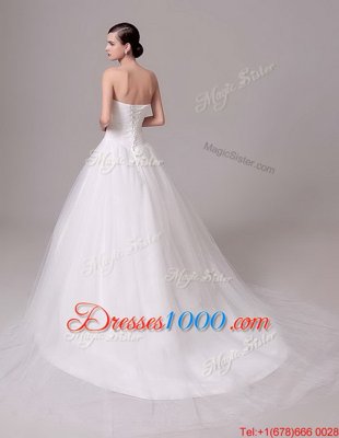 Sweet With Train Lace Up Bridal Gown White and In for Wedding Party with Beading and Hand Made Flower Brush Train