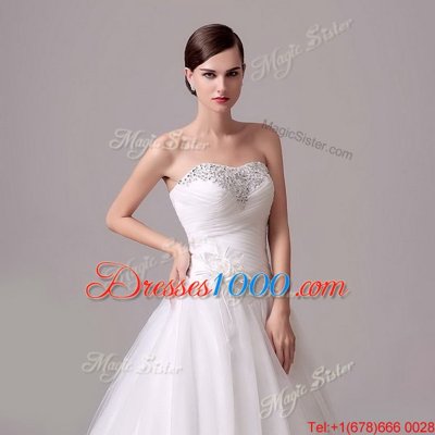 Sweet With Train Lace Up Bridal Gown White and In for Wedding Party with Beading and Hand Made Flower Brush Train