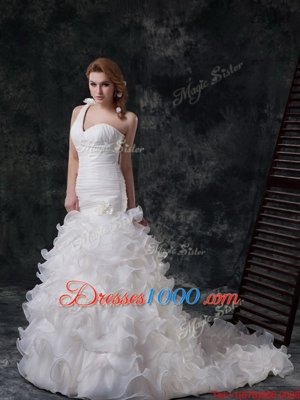 Beautiful Mermaid One Shoulder Ruffled Ruffles and Ruching and Hand Made Flower Wedding Dresses White Lace Up Sleeveless With Brush Train