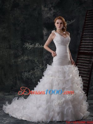 Beautiful Mermaid One Shoulder Ruffled Ruffles and Ruching and Hand Made Flower Wedding Dresses White Lace Up Sleeveless With Brush Train