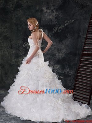 Beautiful Mermaid One Shoulder Ruffled Ruffles and Ruching and Hand Made Flower Wedding Dresses White Lace Up Sleeveless With Brush Train