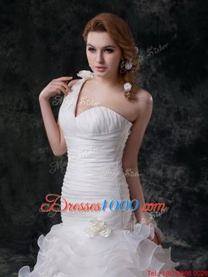 Beautiful Mermaid One Shoulder Ruffled Ruffles and Ruching and Hand Made Flower Wedding Dresses White Lace Up Sleeveless With Brush Train