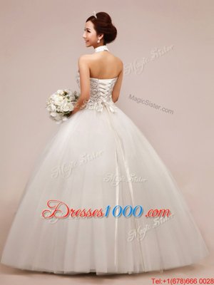 Halter Top White Sleeveless Tulle Lace Up Wedding Gown for Wedding Party