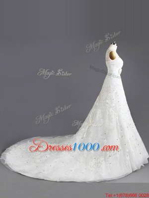 Discount White Empire Organza Square Sleeveless Beading and Appliques and Bowknot With Train Lace Up Wedding Gown Chapel Train
