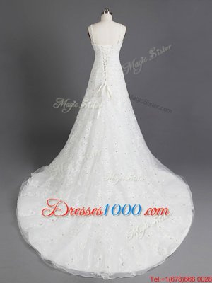 Discount White Empire Organza Square Sleeveless Beading and Appliques and Bowknot With Train Lace Up Wedding Gown Chapel Train