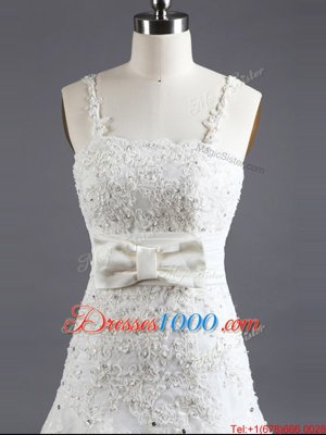 Discount White Empire Organza Square Sleeveless Beading and Appliques and Bowknot With Train Lace Up Wedding Gown Chapel Train
