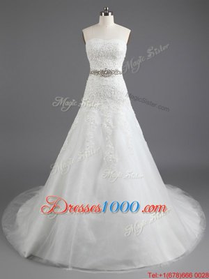 Unique White Column/Sheath Strapless Sleeveless Tulle With Train Court Train Lace Up Beading and Lace and Appliques Wedding Dress