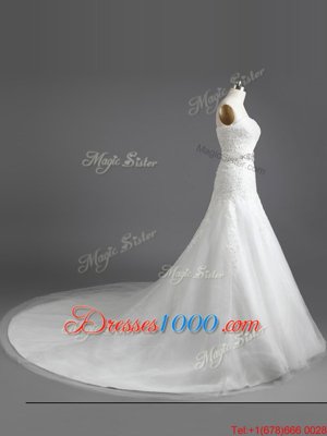 Unique White Column/Sheath Strapless Sleeveless Tulle With Train Court Train Lace Up Beading and Lace and Appliques Wedding Dress
