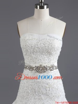 Unique White Column/Sheath Strapless Sleeveless Tulle With Train Court Train Lace Up Beading and Lace and Appliques Wedding Dress