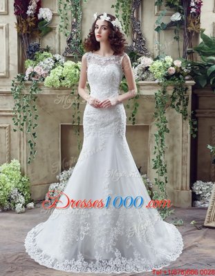 Chic Mermaid Scoop See Through Sleeveless Lace Brush Train Backless Wedding Gowns in White for with Beading and Appliques